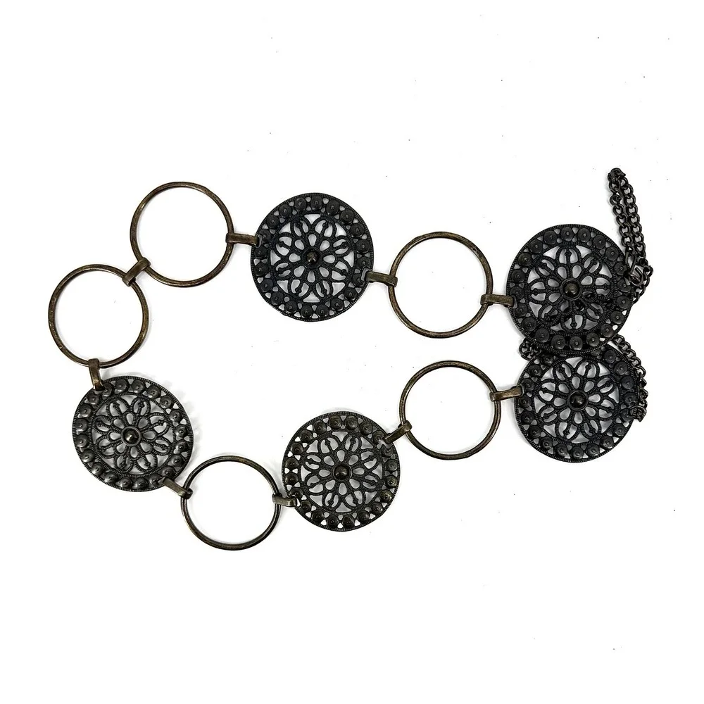 Vintage Boho Chain Belt Antique Bronze Ornate Filigree Disc Circle Link 90s 38in
